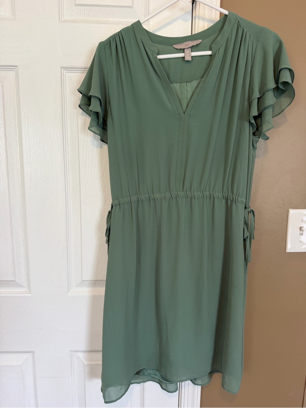 Women's Sage Green Flutter Sleeve V-Neck Dress- size 10